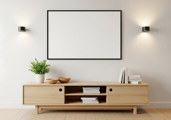 Modern living room interior with wooden tv cabinet, mockup frame and decor elements