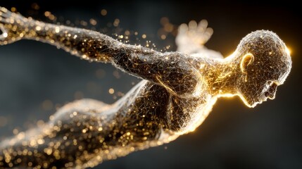 Fototapeta premium An abstract human figure in motion, composed of small lights and fine lines, symbolizing fluidity, dynamism,