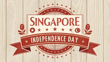 Singapore independence day emblem with red ribbon and stars on wood background