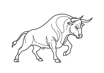 Fototapeta premium Bull drawing. It is a black and white outline image of a bull, a powerful and strong animal with horns, depicted in a ready-to-charge stance. Vector sketch line art draw.