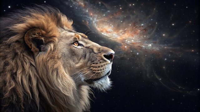A majestic lion gazes into the cosmic expanse, its regal profile set against a backdrop of swirling galaxies and distant stars, embodying the untamed beauty and power of nature