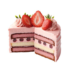 A slice of strawberry shortcake with whipped cream and fresh strawberries, on a plate with a fork, isolated on white