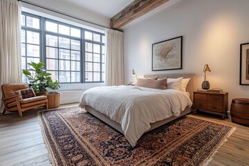 Fototapeta premium Scandinavian interior design for a modern bedroom, Generative AI