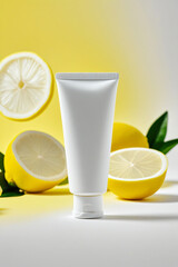 hand cream tube with lemons on background