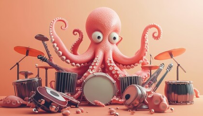 Funny Cartoon Pink Octopus with Drum Kit and Guitars in a Vibrant Musical Scene