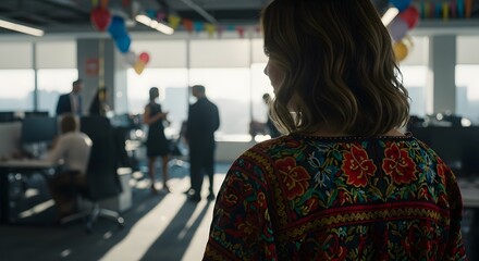Woman in embroidered top views office celebration with balloons and blurred figures. Bright decor against city backdrop, festive moment.