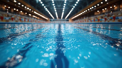 Indoor Olympic - Sized Swimming Pool with Rippling Water and Overhead Lighting 