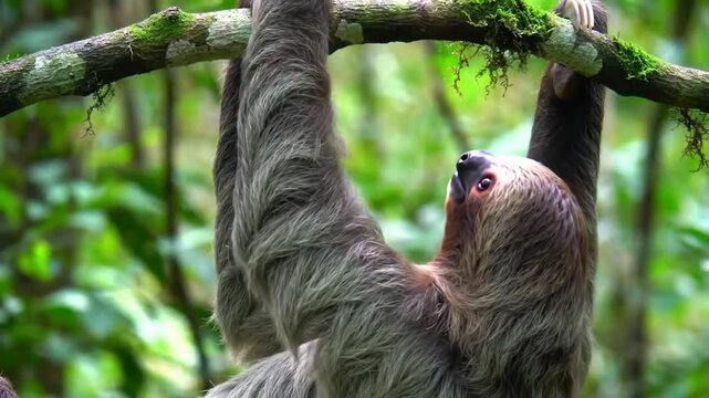 Close-up of a Two-Toed Sloth Hanging from a Mossy Branch in the Rainforest