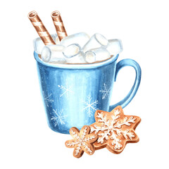 Blue mug with hot chocolate, marshmallow, wafer rolls and star shaped gingerbread, watercolor illustration for food design. Hand drawn isolated cup of cocoa. Sweet drink for cozy winter holiday print.
