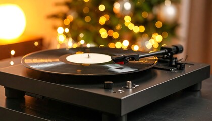 A record player spins a vinyl record; a softly-lit Christmas tree is in the background