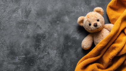 Teddy bear nestled in orange blanket on dark gray surface
