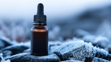 Brown glass dropper bottle on frosty rocks with a blurred winter landscape in the background