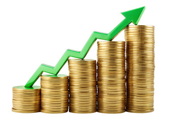 Stack of gold coins with green arrow pointing upwards isolated on transparent background, symbolizing financial growth and investment success