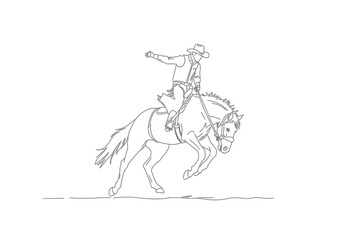 Fototapeta premium Bronc riding drawing. It is a black and white outline image of bronc riding, depicting a cowboy on a bucking horse in a dynamic rodeo scene. Vector sketch line art draw.