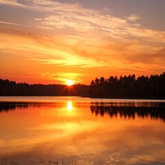 Obraz premium Fiery sunset over calm lake, trees silhouetted against the vibrant sky, reflected in the still water