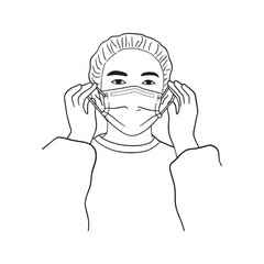 Doctor or surgeon putting on protective face mask and cap. Healthcare worker preparing for surgery, line art illustration.
