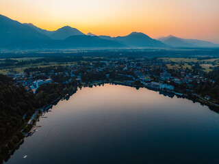 Bled, Slovenia. Bled Castle with Lake Bled with the Church of the Assumption of Maria and Julian Alps in the background