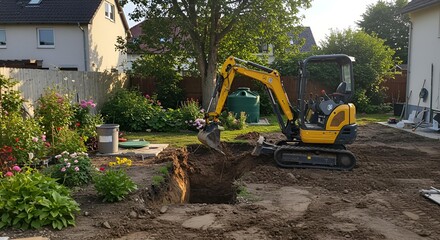 Obraz premium Excavator Digging Hole in Residential Backyard
