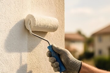 Hand in work glove using paint roller to apply white paint on textured exterior wall during sunny day