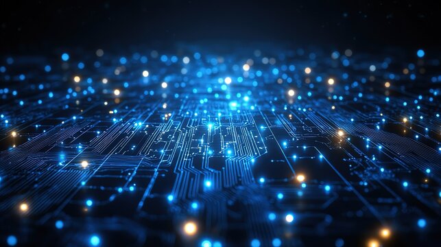 High - Tech Circuit Board with Glowing Blue and Yellow Dots for Digital Backgrounds 