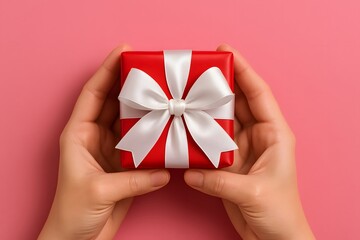 Hands holding small red gift box with white ribbon bow on pink background for celebration or surprise concept