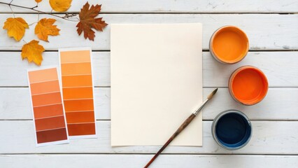 Autumn painting supplies with color swatches and paint pots