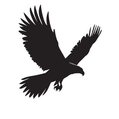 A solitary black silhouette of an eagle soars above stark mountains and a clean white background