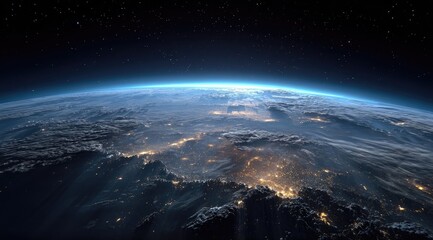 Obraz premium Earth's curvature, city lights at night, viewed from space