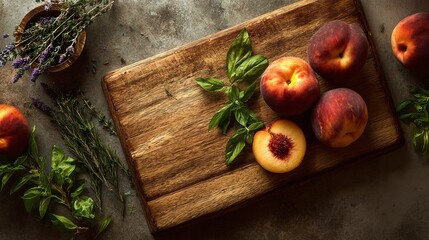 Flat lay of a cutting board with peaches, herbs, and a recipe tablet on the side