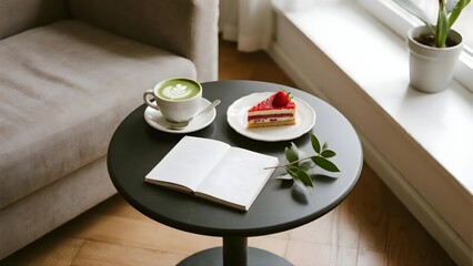 Holistic Wellness Afternoon Table with Matcha Latte and Journal