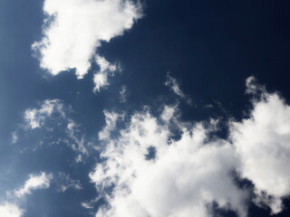 Clear blue sky with cumulus and cirrus clouds. Sunny weather. Joyful mood. High pressure. Clean air ecology. Water in a gaseous state. The source of rain and hail. Weather prediction