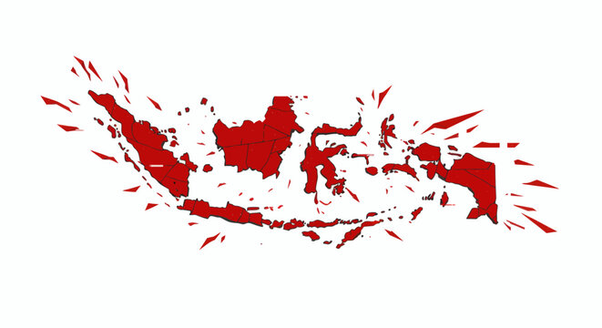 Shattered Indonesia map in red and white symbolic of breaking free