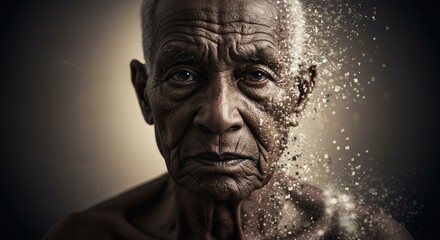Fototapeta premium Abstract Portrait of Elderly Man with Face Dissolving into Digital Particles, Symbolizing Aging, Memory, and Data Concepts