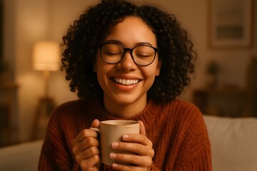 Happy woman wearing glasses and sweater holding coffee mug with eyes closed in cozy warm room