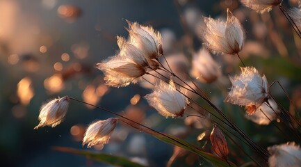 Soft light illuminates fluffy seed heads of plants in a field at sunset