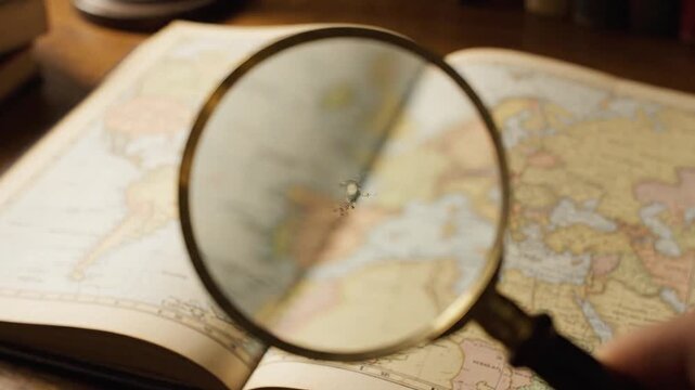 Exploration Of A Vintage Map Through A Magnifying Glass In A Cozy Study Environment