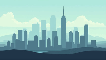 Fototapeta premium Stylized Blue City Skyline with Skyscrapers and Clouds in Modern Digital Illustration