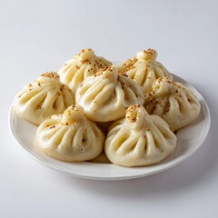 Steamed Dumplings with Sesame Seeds on White Plate