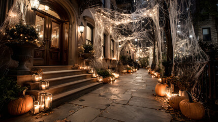 spooky entrance adorned with cobwebs and ghostly decorations creates eerie atmosphere perfect for Halloween. detailed architecture adds to haunting charm