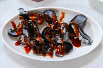 sashim of cold water skate with gochujang sauce
