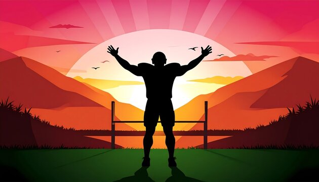 Silhouette of a victorious athlete at sunset