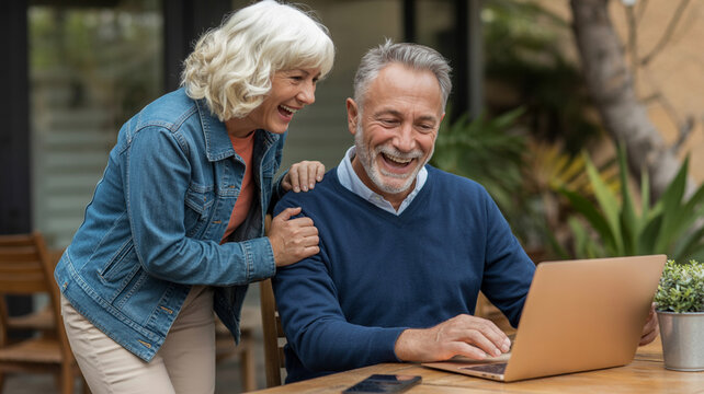 Happy senior couple enjoying time together using a laptop outdoors in a garden setting