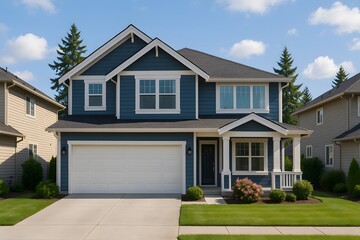 Modern suburban house with blue siding and white trim in quiet residential neighborhood under sunny sky