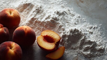 Flat lay of baking station with flour-dusted surface and peaches ready to be chopped