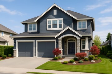 Modern Two-Story Suburban House with Double Garage and Landscaped Front Yard on Sunny Day