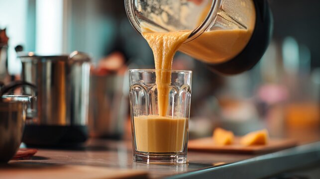 Flat lay of blender in motion with peach smoothie being poured, active kitchen counter
