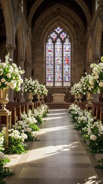 Church interior adorned with floral arrangements and stained glass, vertical footage