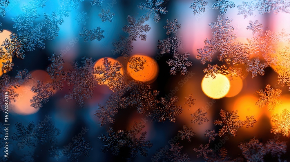 Poster frosted window pane with intricate snowflake patterns, blurred city lights glowing in the background