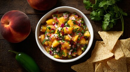 Flat lay of fresh peach salsa with jalapenos and cilantro, tortilla chips on the side, sunny surface