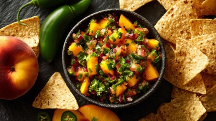 Flat lay of fresh peach salsa with jalapenos and cilantro, tortilla chips on the side, sunny surface